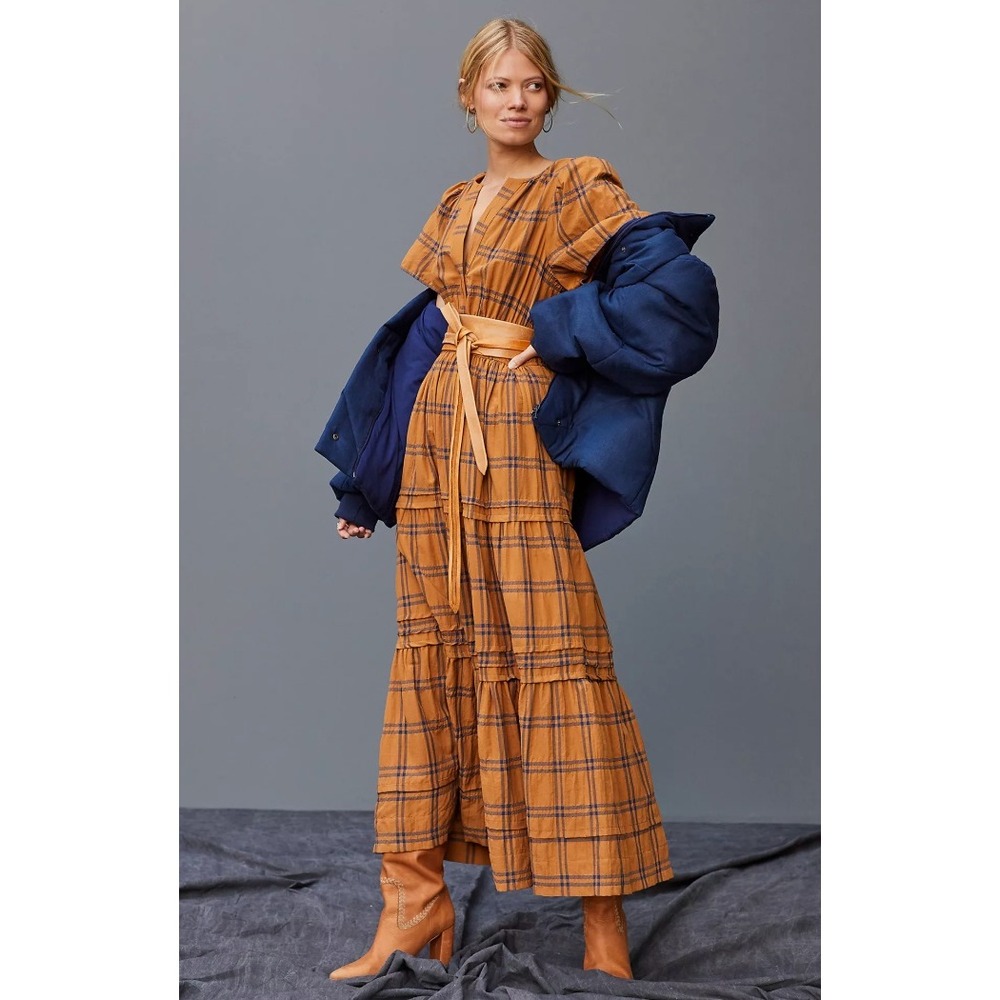 Maeve Anthropologie Somerset Maxi Dress Womens Large Brown Plaid Fall Cottage